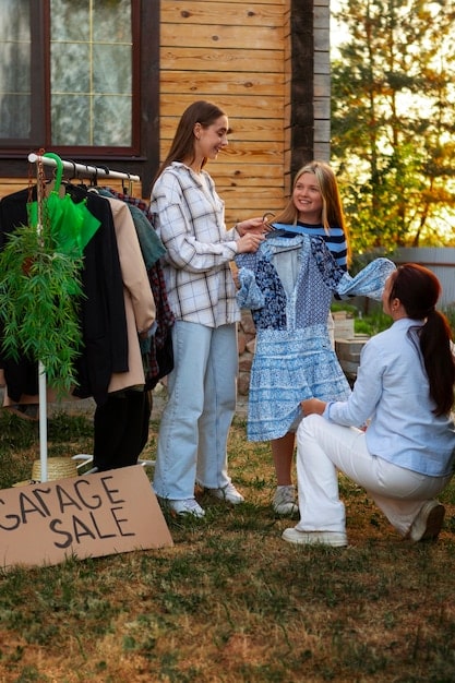 A display of clothing items in a Shopee store, showcasing a collection of garments made from natural dyes and sustainable fabrics, with a sign indicating their eco-friendly attributes.