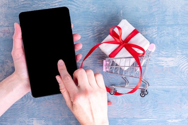 A hand holding a smartphone displaying the Shopee app, with a notification popping up for a flash sale on a selected fashion item. The background is a blurred shopping environment with various fashion displays.