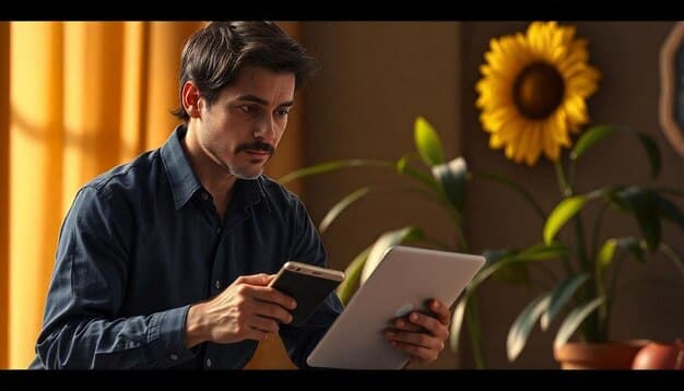 A person thoughtfully analyzing credit card statements and reward point balances on a tablet.