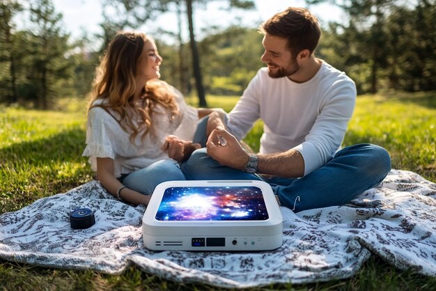The Anker Nebula Capsule Max projector sitting on a picnic blanket with a group of friends laughing while watching a movie outdoors at night. The focus is on the projector and the projected image. Soft lighting is used to highlight the relaxed and enjoyable atmosphere.