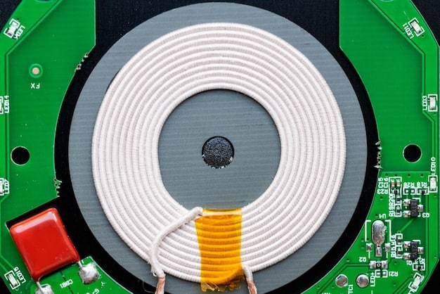 A close-up shot of the internal components of a wireless charging pad, highlighting the induction coil and other circuitry. The image should convey the complexity and technology involved in wireless charging.