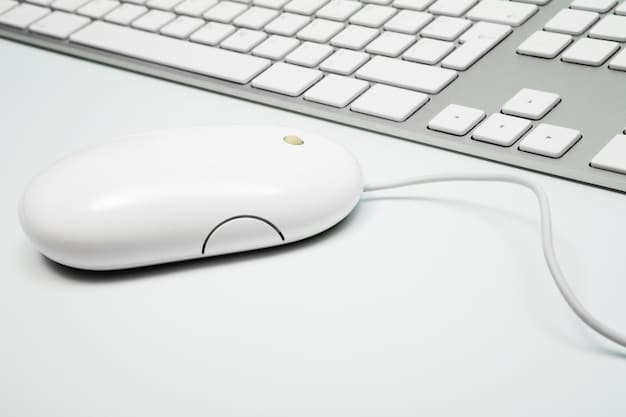 An ergonomic keyboard and mouse set up on a desk, with a focus on the curved design of the keyboard and the contoured shape of the mouse, highlighting their ergonomic features.