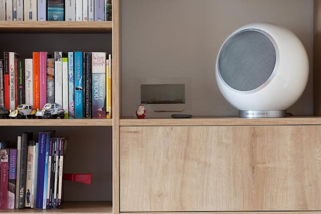 A stylish bookshelf in a US home office, featuring a mid-range bluetooth speaker placed on a shelf alongside books and decorative items. The focus is on highlighting how the speaker blends into a home environment while delivering great sound.