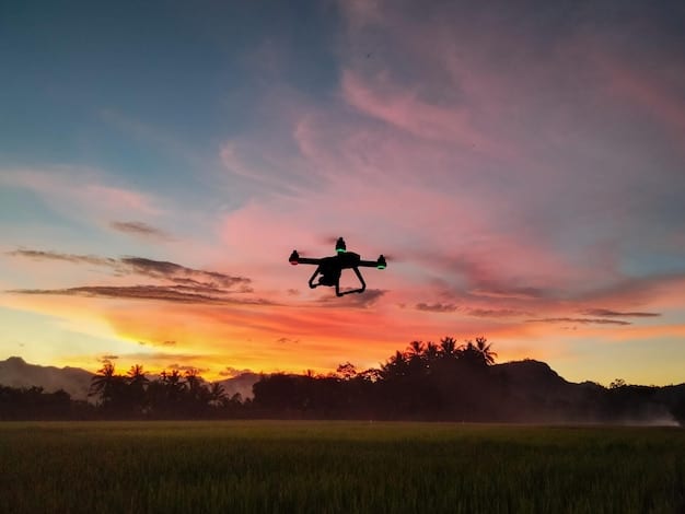 A visually striking shot of a drone hovering in mid-air against a sunset backdrop. The drone's silhouette is sharply defined, and the warm hues of the setting sun create a dramatic contrast, underscoring the drone's capabilities in capturing beautiful aerial scenes.
