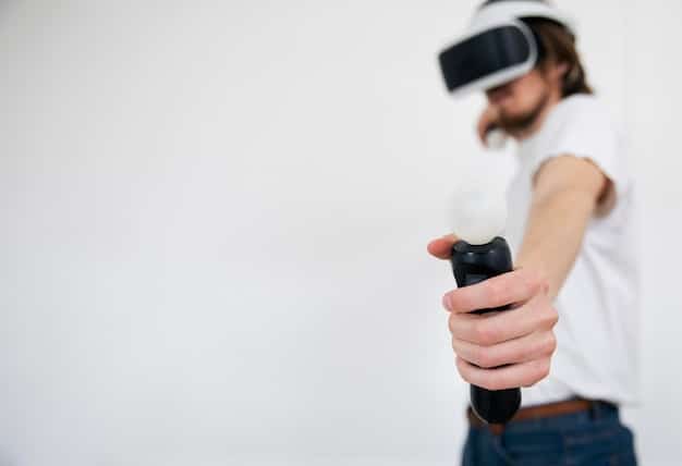 A close-up shot of a person's hands holding VR motion controllers, with the VR headset slightly blurred in the background. The controllers are illuminated, suggesting active gameplay. The focus is on the tactile interaction and the sense of presence within the virtual world.