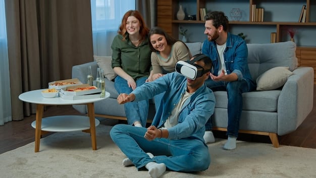 A group of friends playing VR games together in a living room. They are all wearing VR headsets and holding motion controllers, laughing and interacting with each other in the virtual environment. The scene captures the social and fun aspect of VR gaming.