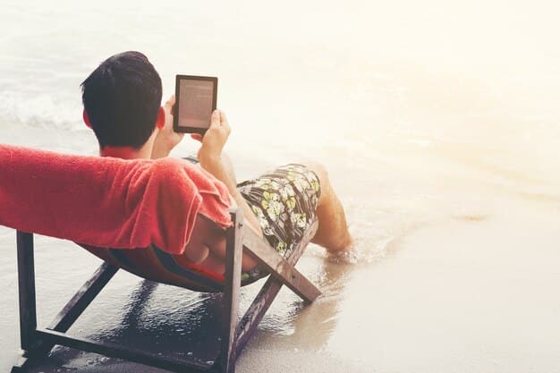 A person relaxing in a hammock on a sunny beach, comfortably reading an e-reader. The image highlights the portability and convenience of e-readers for outdoor reading.