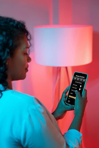 A person installing a smart light bulb into a lamp, with a smartphone displaying the smart lighting app interface nearby, illustrating the ease of setup and control.