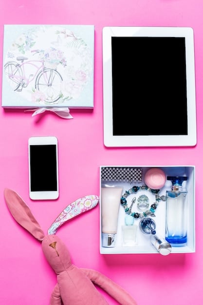 A split image showing a beauty subscription box filled with generic, low-quality products on one side, and a simple, minimalist bathroom shelf with a few high-quality, carefully chosen beauty products on the other side. This visually represents the choice between quantity and quality in beauty spending.