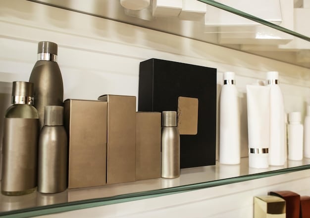 A well-organized skincare shelf featuring a variety of luxury skincare sets, each with different packaging and formulations. The shelf is clean and brightly lit, highlighting the diverse selection of products available.