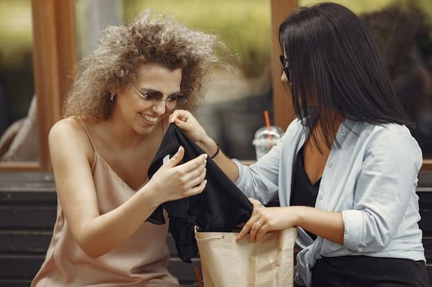A cheerful customer smiling as they receive a bag filled with luxury skincare products at a department store counter. The bag is adorned with the brand's logo, and the customer looks excited about their purchase.