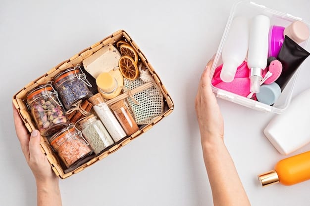 A person unboxing a beauty subscription box that includes various makeup and skincare items, each neatly packaged. Close-up view of the opened box showcasing different beauty products.