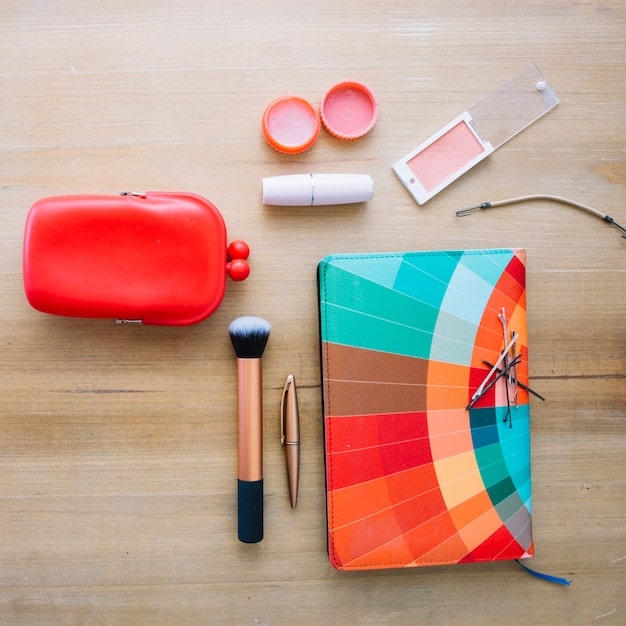 A well-organized makeup bag containing a collection of multi-use beauty products, such as a tinted moisturizer, a lip and cheek stain, and a versatile eyeshadow palette, showcasing their space-saving and cost-effective benefits.