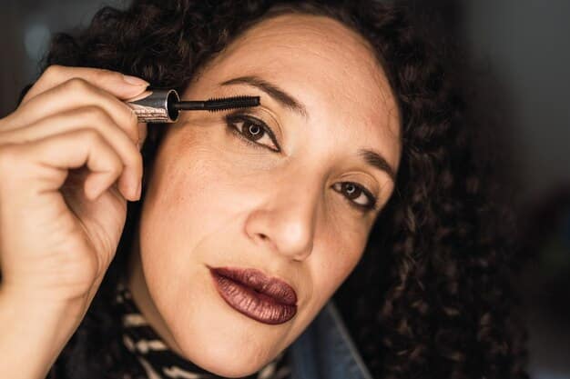 Close up on a face with perfectly shaped eyebrows, defined eyeliner, and volumized mascara. Emphasize the detail in each feature, highlighting the precision and skill in application.