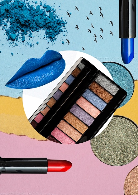 A colorful collage of different dollar store makeup products, including lipsticks, eyeshadows, mascaras, and blushes. The products are arranged in a visually appealing way against a bright background.