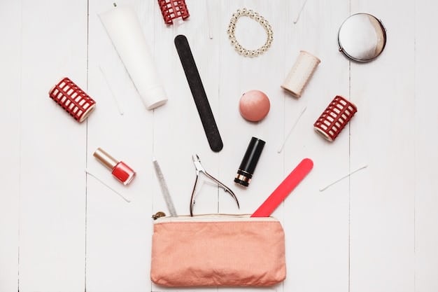 A flat lay of essential dollar store makeup products organized on a white surface. The products include foundation, concealer, mascara, lipstick, and a small eyeshadow palette, with makeup brushes neatly arranged around them.