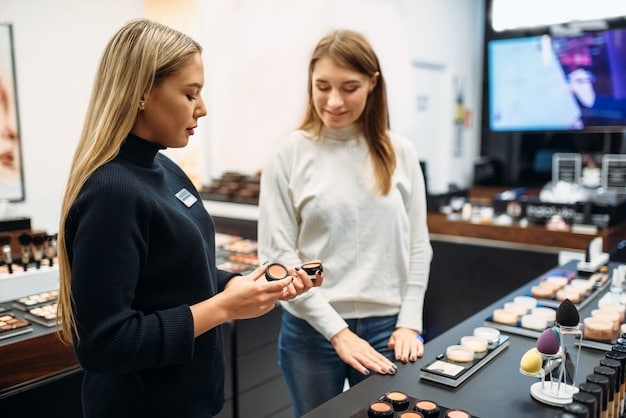 A brightly lit image of a beauty counter at a department store, featuring neatly arranged makeup products and a friendly beauty advisor assisting a customer with selecting samples.