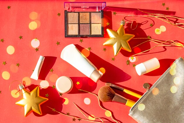 A close-up shot of various makeup products, highlighting brands known for birthday freebies.