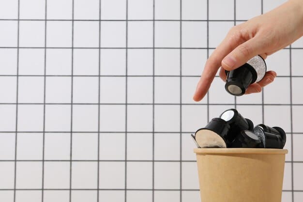A hand gently placing empty beauty product containers into a branded recycling bin, emphasizing eco-friendliness and sustainability.