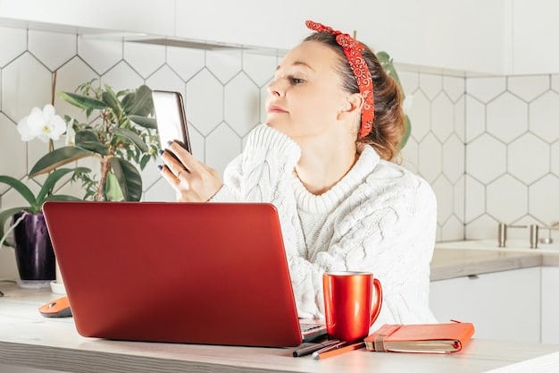 A woman using a laptop, surrounded by beauty products, researching prices online. The scene is set in a cozy home office.