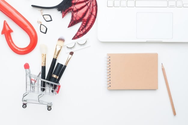 A calendar marked with sale dates (Black Friday, Cyber Monday, etc.) with beauty products arranged around it. The scene is a well-organized desk.