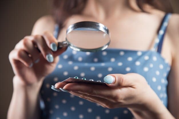 A close-up shot of a woman carefully examining the label and ingredients list on a discounted skincare set. She is wearing a magnifying glass to better read the fine print.