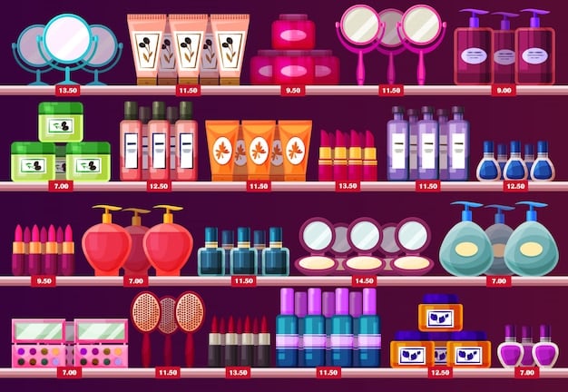 A well-organized shelf in a department store's beauty section, showcasing a variety of fragrance sets with different bottle designs and packaging. Sale signs are visible, indicating clearance prices.
