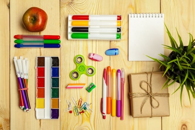 A close-up of various school supplies neatly arranged on a table, including colorful pens, highlighters, notebooks, and a calculator. The background is a blurred classroom scene, implying preparedness for the academic year. A tag with 
