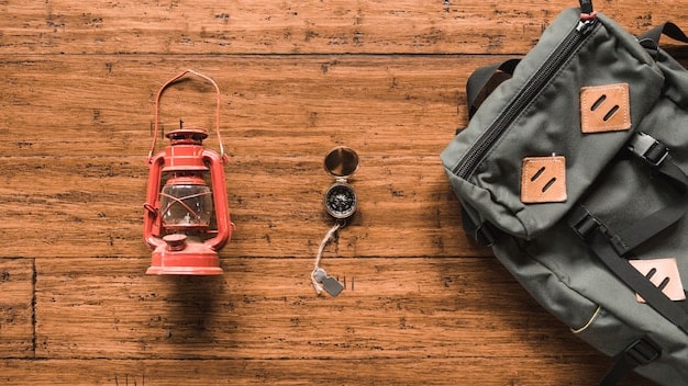 A close-up shot of various camping gear items, such as sleeping bags, flashlights, and multi-tools, all featuring discount tags and nestled inside a partially zipped backpack, emphasizing the savings and preparedness for outdoor adventures.