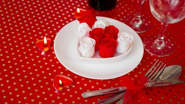 A beautifully set dining table decorated with Valentine's Day-themed decorations, including a red tablecloth, heart-shaped candles, elegant tableware, and a vase of red roses. A romantic dinner for two is laid out, creating an intimate and festive atmosphere.