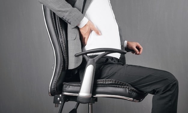 A close-up shot of an ergonomic office chair with adjustable lumbar support and armrests, highlighting its features and benefits for improving posture and reducing back pain.