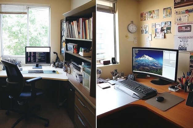 A split-screen image showing two different ergonomic desk setups, highlighting the before-and-after transformation of upgrading from a standard desk to an ergonomic standing desk with proper cable management and monitor placement.