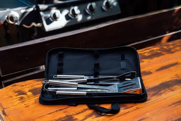 An image featuring a selection of grilling tools and accessories, such as spatulas, tongs, grill brushes, and thermometers. The tools are neatly arranged on a wooden surface, highlighting their quality and utility for grilling enthusiasts.