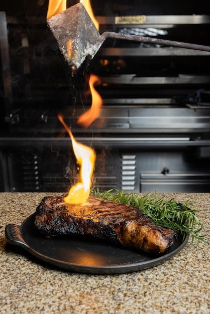 A close-up shot showcasing a beautifully grilled steak on a grill, with grill marks and sizzling juices. The focus is on the texture and color of the steak, emphasizing the deliciousness of grilled food.