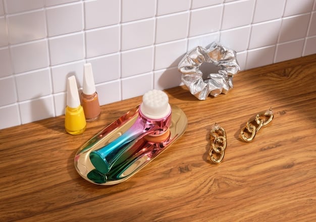 A close-up shot of various skincare products and makeup items neatly arranged on a vanity. The focus is on highlighting the details of the packaging and textures of the products. The background is soft and blurred, emphasizing the luxurious and pampering aspect of these gifts for Mother's Day.