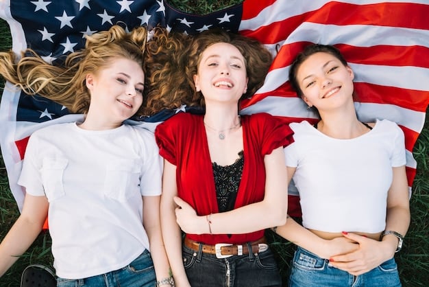 A group of friends wearing various Fourth of July themed outfits, including t-shirts with American flags, hats with stars and stripes, and red, white, and blue accessories. They are smiling and holding sparklers, with a festive and joyful atmosphere around them.