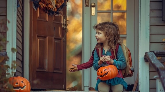 A child smiling while wearing a Halloween costume purchased from Shopee. The child is holding a bag of candy and standing in front of a decorated house with pumpkins and spooky lights.