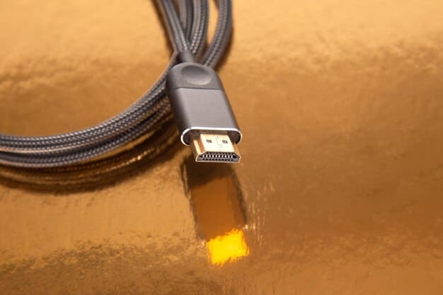 A close-up shot of an HDMI 2.1 cable plugged into the back of a sleek 8K OLED TV, with glowing data streams emanating from the connection, symbolizing high bandwidth and fast data transfer.