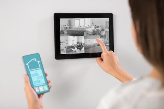 A multi-device display showing integrated smart home security solutions: a live camera feed, a smart lock status, and an alarm panel, all on a sleek tablet interface.