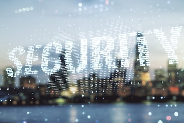 A blurred image of a cityscape with prominent digital privacy icons (lock, shield, eye with a slash) overlaid, symbolizing the challenges of privacy and security in augmented reality.