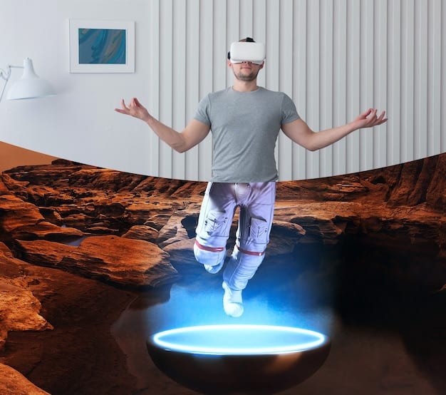 A person wearing an advanced omnidirectional VR treadmill, walking freely in a virtual desert landscape, surrounded by digital avatars.