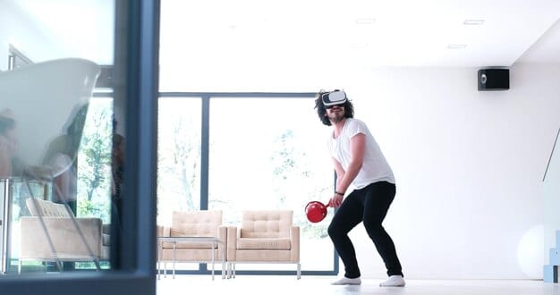 A clean, minimalist room with clear space in the center, showing a VR headset and controllers neatly arranged, emphasizing a safe and prepared metaverse setup.