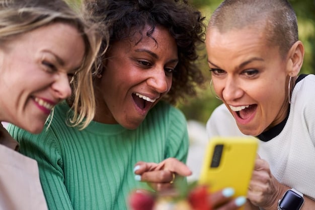 A group of diverse friends laughing and playing mobile games together in a park, each holding a smartphone, with subtle glowing lines indicating fast 5G connectivity surrounding them, emphasizing social, low-latency multiplayer.