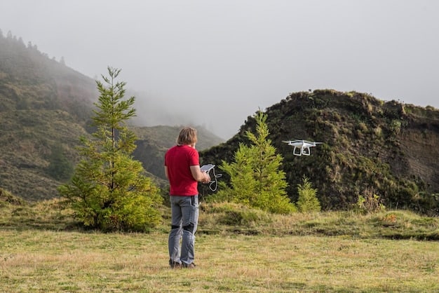 A drone performing an advanced aerial maneuver over a scenic landscape, with crisp detail capturing its movement and the remote control in a pilot's hands in the foreground.