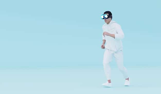 A person wearing a sleek, minimalist AR/VR headset, walking through a park. Digital elements like floating news headlines, interactive map overlays, and perhaps a small virtual pet companion are subtly integrated into their real-world view, showcasing seamless mixed reality.