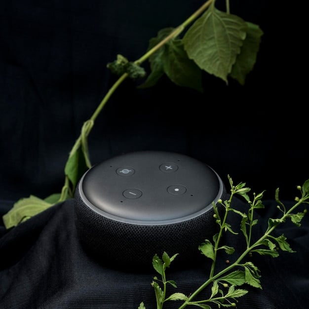A close-up of a minimalist smart speaker on a sleek countertop, with a subtle glowing light indicating activity.
