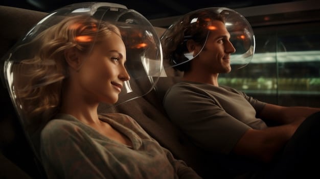 A futuristic cockpit of an autonomous vehicle with no steering wheel, showing a passenger relaxing and interacting with a digital interface, reflecting the full potential of Level 5 autonomy.
