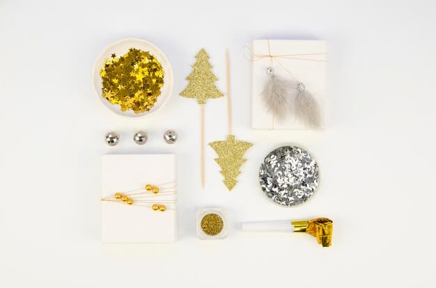 A flat lay of a Shein holiday-themed accessory set, including a sequined clutch, a velvet scrunchie, and delicate gold jewelry, arranged neatly on a festive background.