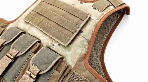 A close-up of a Shein utility vest in a neutral earth tone, featuring multiple tactical pockets and adjustable straps, highlighting its functional and technical fabric details. The background is blurred street art.
