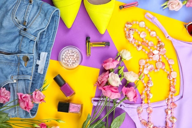 A vibrant flat lay of various Shein clothing items and accessories, such as a trendy top, a fashionable skirt, a stylish handbag, and a pair of modern shoes. The items should be neatly arranged on a solid color or light textured background, possibly with a small gift box or a shopping bag nearby to signify a completed purchase. The overall palette should be bright and appealing, representing the affordability and style Shein offers.